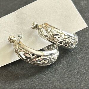 Silver Tone Small Hoop Earrings with Scrolling Pierced C-Hoop